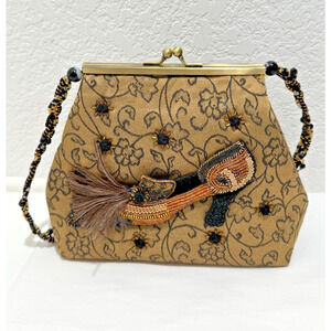 MARY FRANCES Beaded Handbag Purse Antique Shoe Feather Kiss Lock Gold